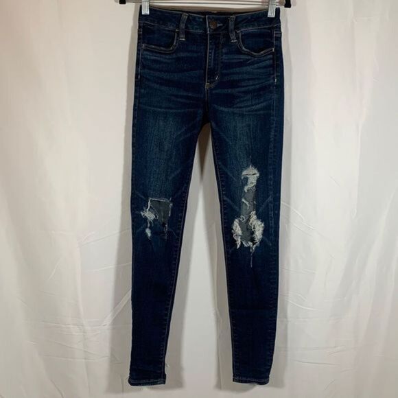 American Eagle Dark Wash Distressed High Rise Jeggings - Picture 1 of 16